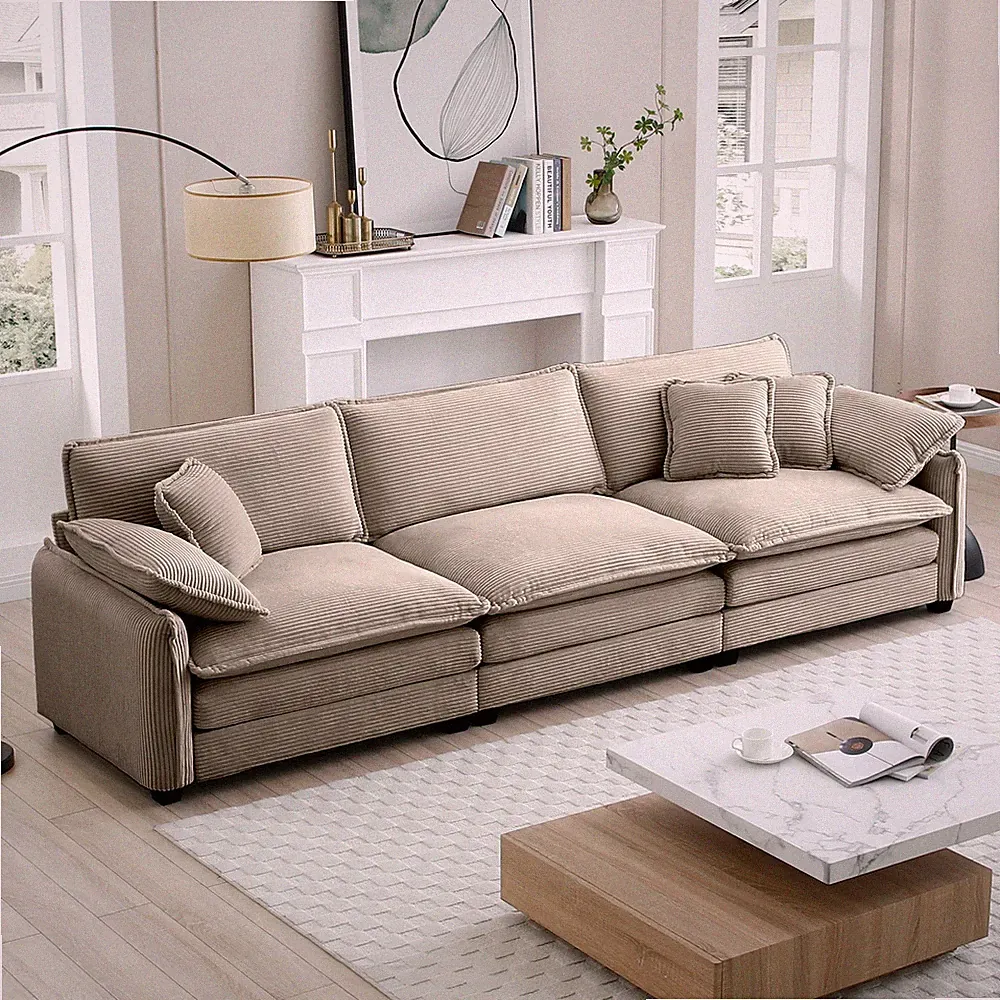 Mid-Century Modern Tan Corduroy 3-Seater Sectional Sofa w/ 5 Pillows
