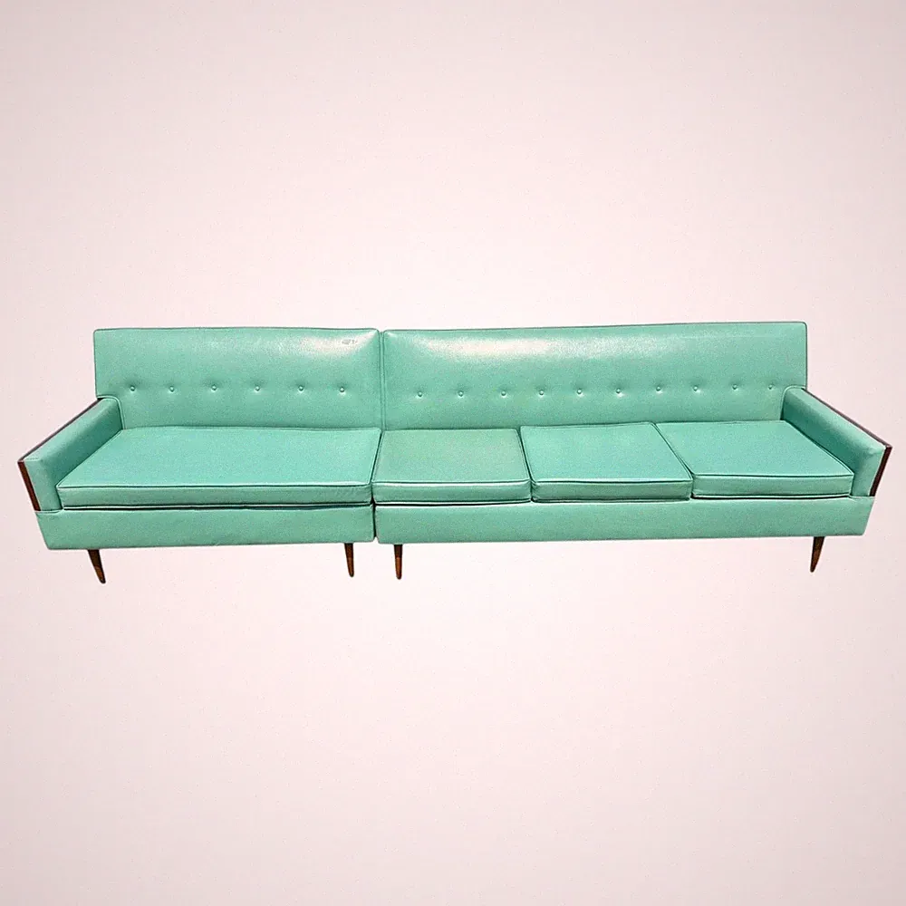 Mid-Century Modern Turquoise & Walnut 2-Piece Sectional Sofa