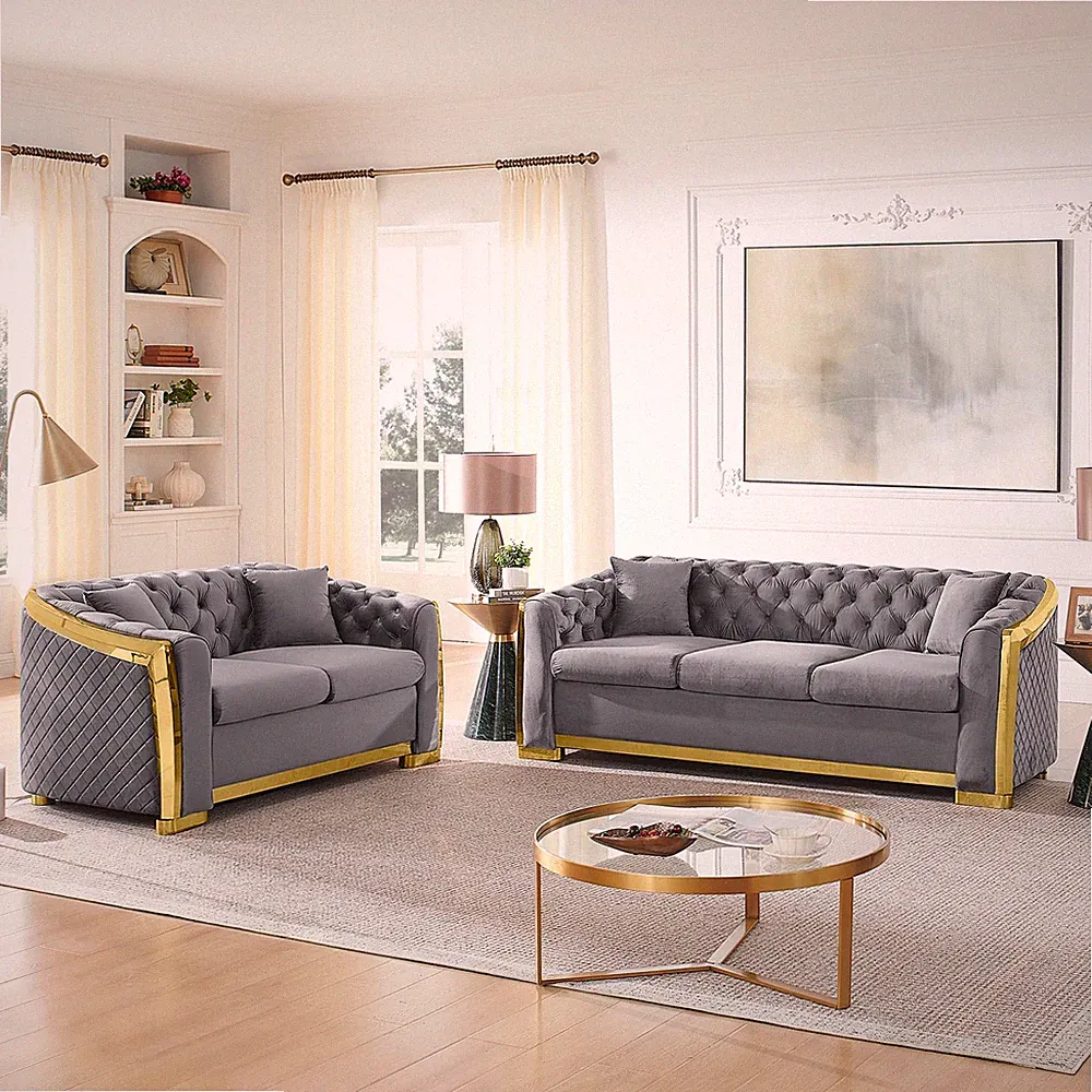 Mid Century Modern Velvet Chesterfield 3-Seater & Loveseat Sofa Set Gray
