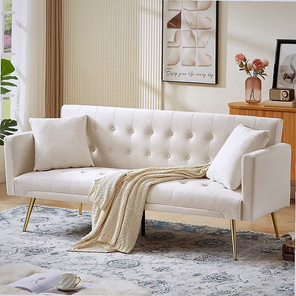 Mid-Century Modern Velvet Futon Sofa Bed Beige Folding Convertible Reclining