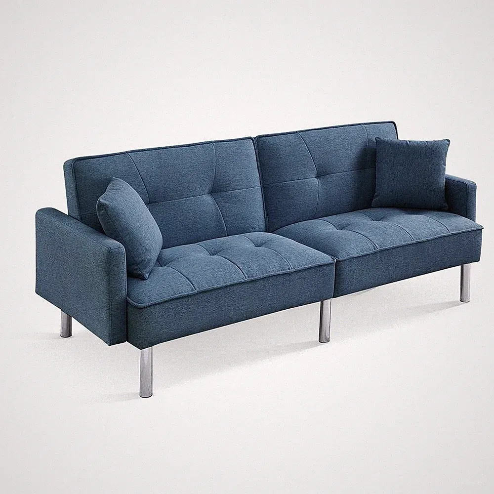Mid-Century Modern Velvet Futon Sofa Sleeper Blue Convertible Tufted Pillows