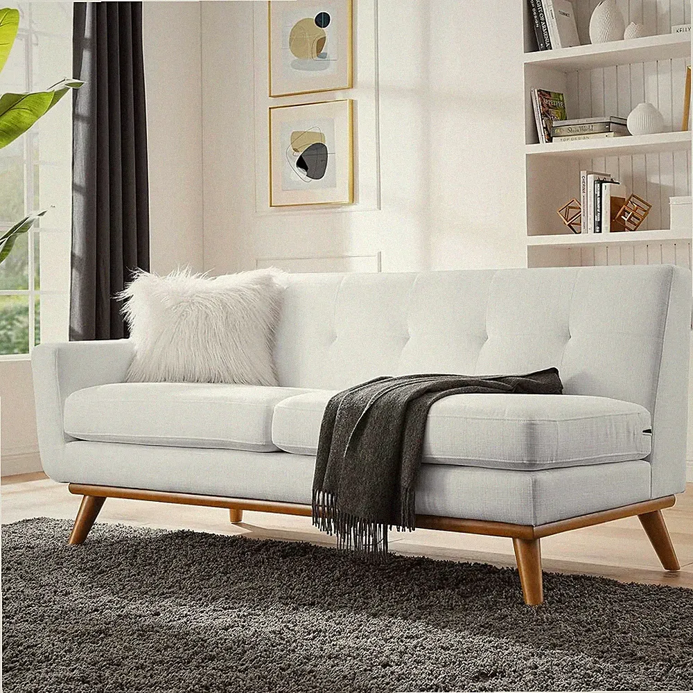 Mid-Century Modern White Upholstered Left-Arm Loveseat by