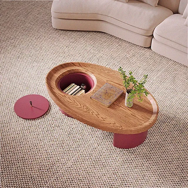 Mid-Century Modern Wood Oval Center Coffee Table w/ Hidden Storage & Sturdy Legs
