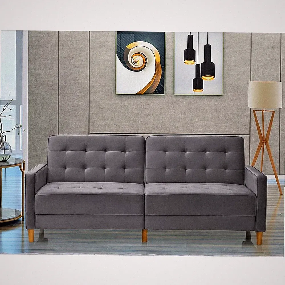 Mid-Century Retro Sofa Bed Gray Pull-Out Convertible Tufted Sleeper Couch