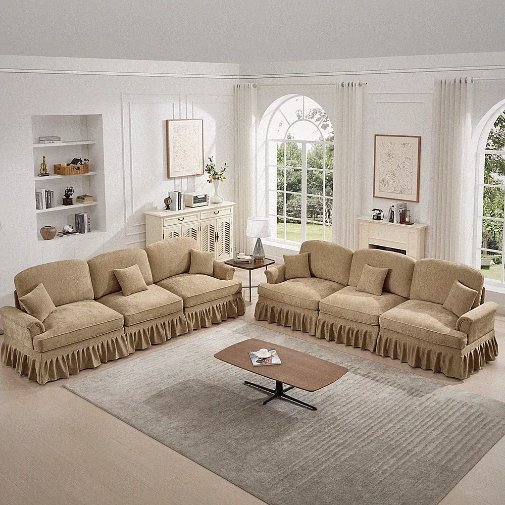 Mid Century Sleeper Sectional Sofa with 3 Ottomans, Removable Ruffle & Chenille