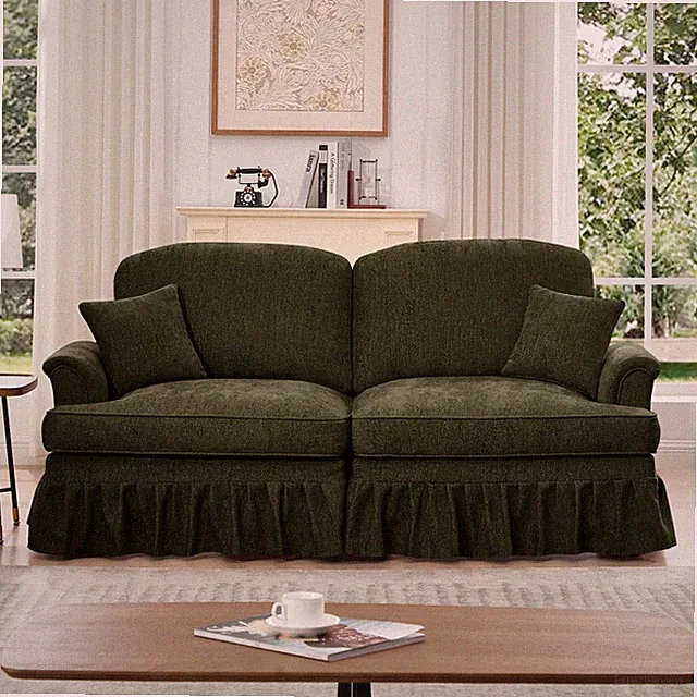 Mid Century Sofa Chenille 2-Seater, Removable Ruffles, Flared Arms, Green