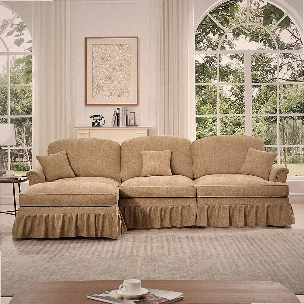 Mid Century Three Seater Modular L Shaped Sectional Couch w/Flared Arms and Rem