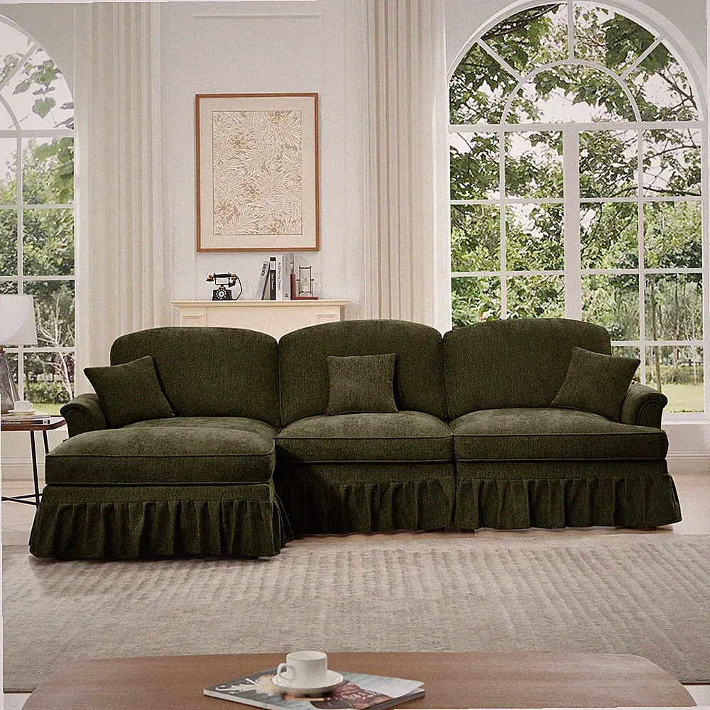 Mid Century Three Seater Modular L Shaped Sectional Couch with Flared Arms an