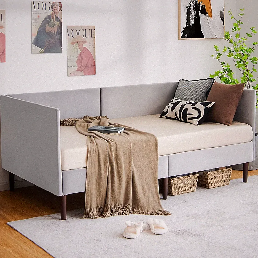 Mid Century Velvet Twin Daybed Sofa with Wood Slat Support - Grey