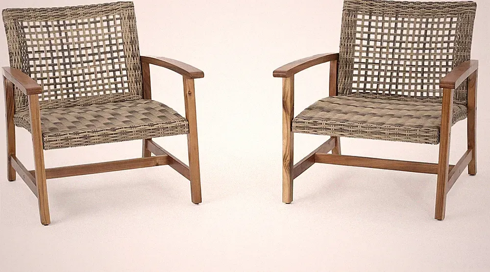 Mid-Century Wicker Club Chairs Set with Acacia Frame, Natural/Grey Finish