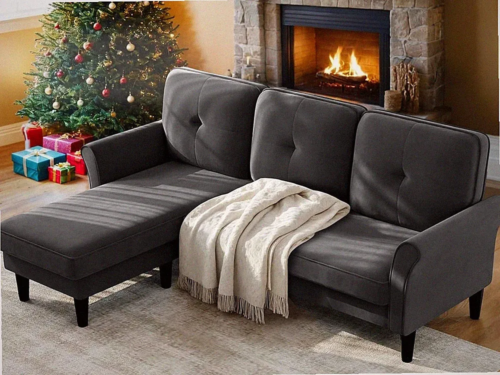 Midcentury Modern 83" Velvet Sectional Sofa with Moveable Ottoman - Grey