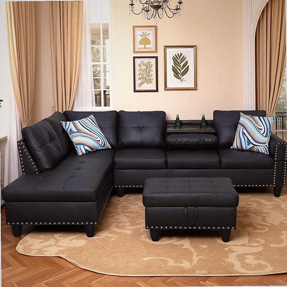 Midnight Black Leather L-Shaped Sectional Sofa with Storage Ottoman & Chaise