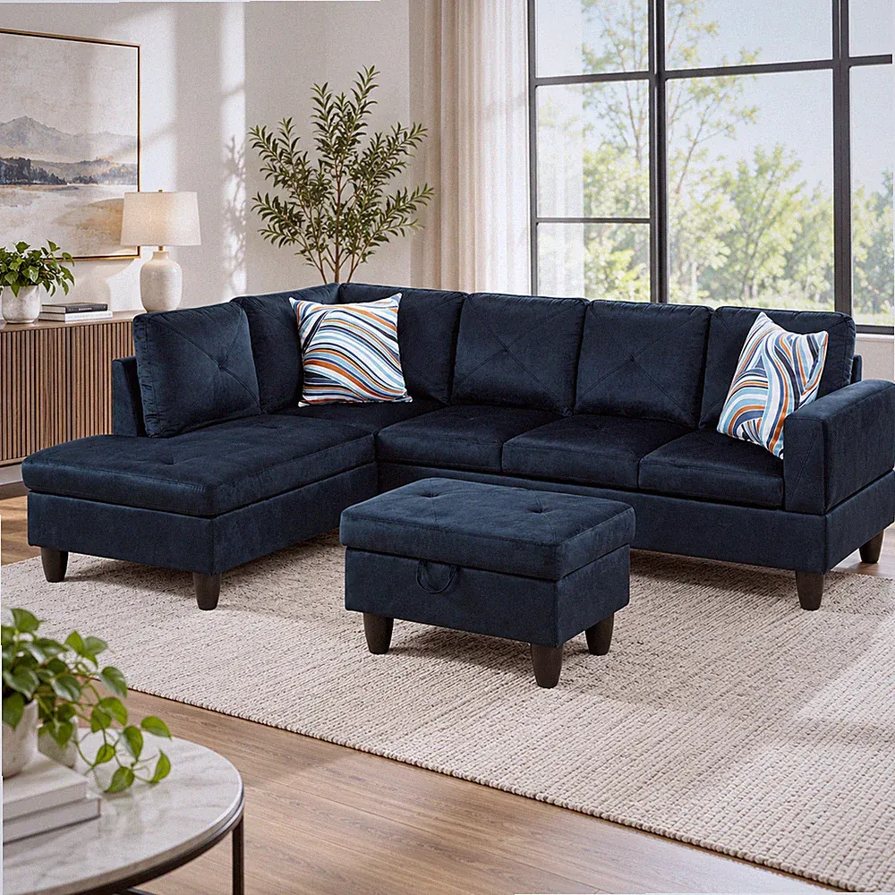 Midnight Blue Microfiber 3-Piece Living Room Sofa Set