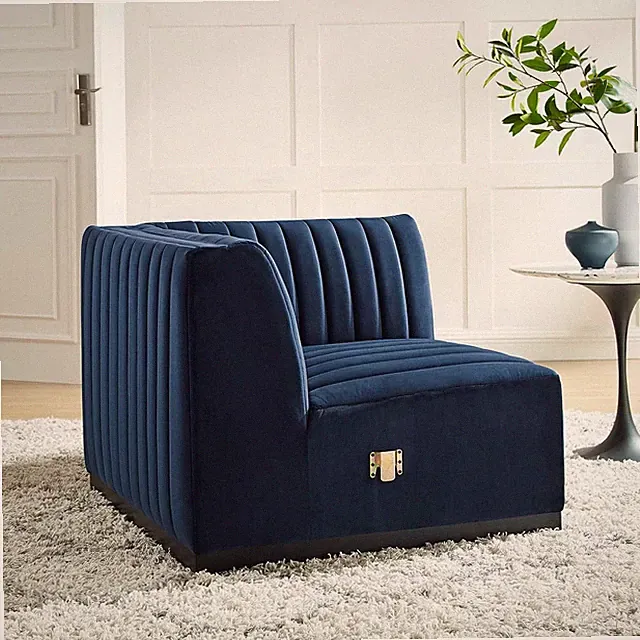 Midnight Blue Velvet Tufted Sectional Sofa Right Corner Chair