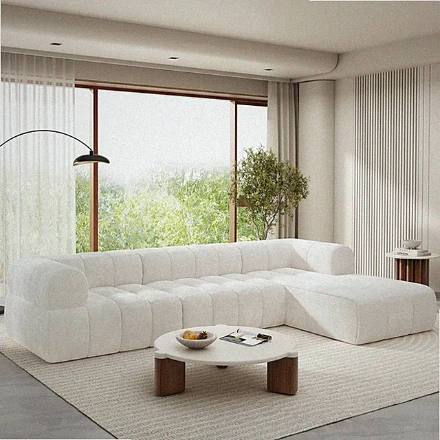 Milky White 122" Modular L-Shape Sofa with Chaise Lounge, Modern Design