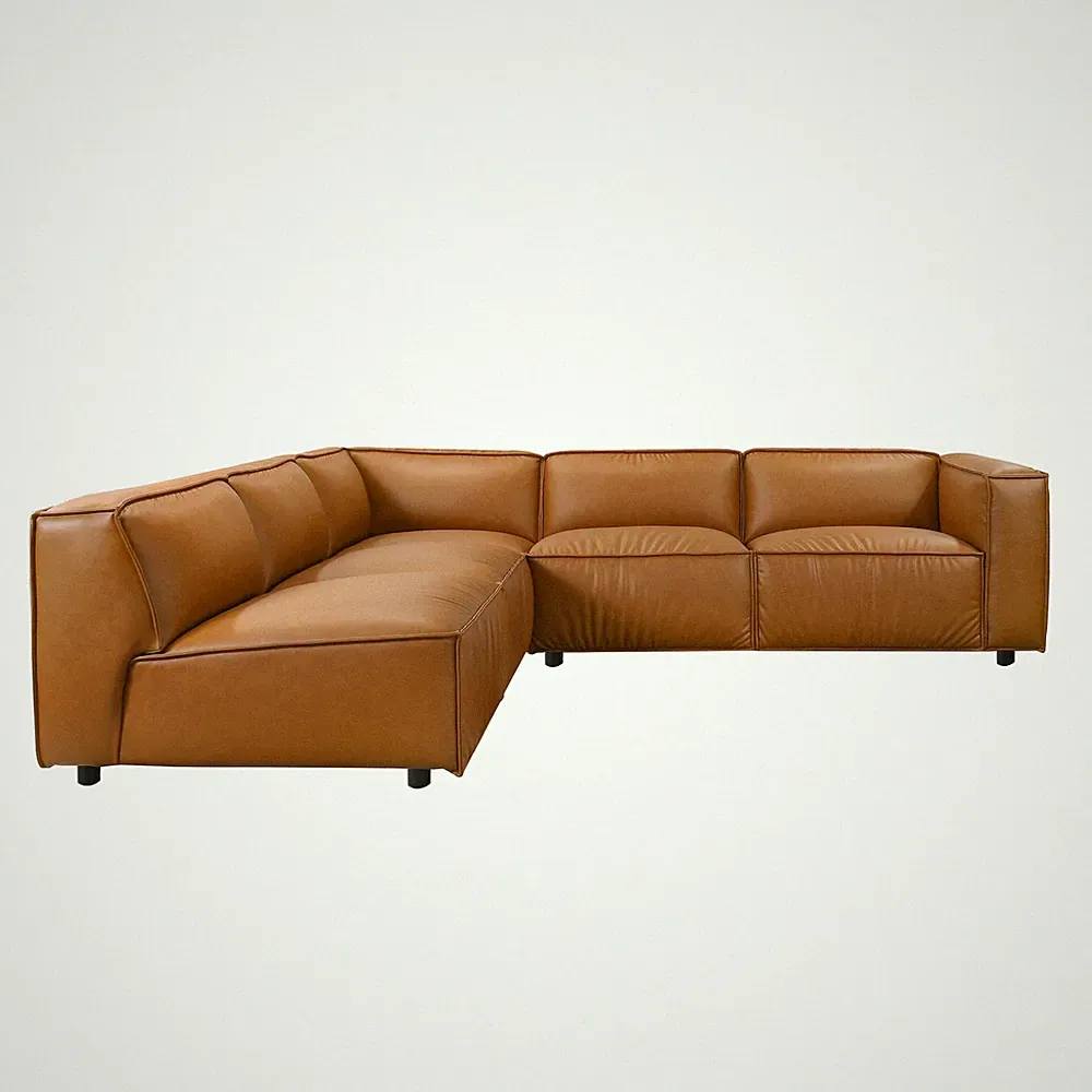Minden Mid Century Modern Vegan Leather L-Shaped Corner Sofa in Cognac Tan