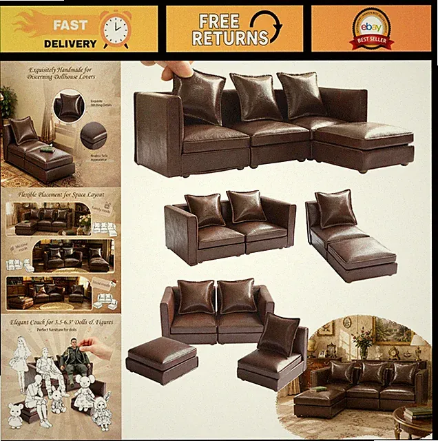 Miniature Dollhouse Furniture Set - Brown Faux Leather Sectional Couch & Chair