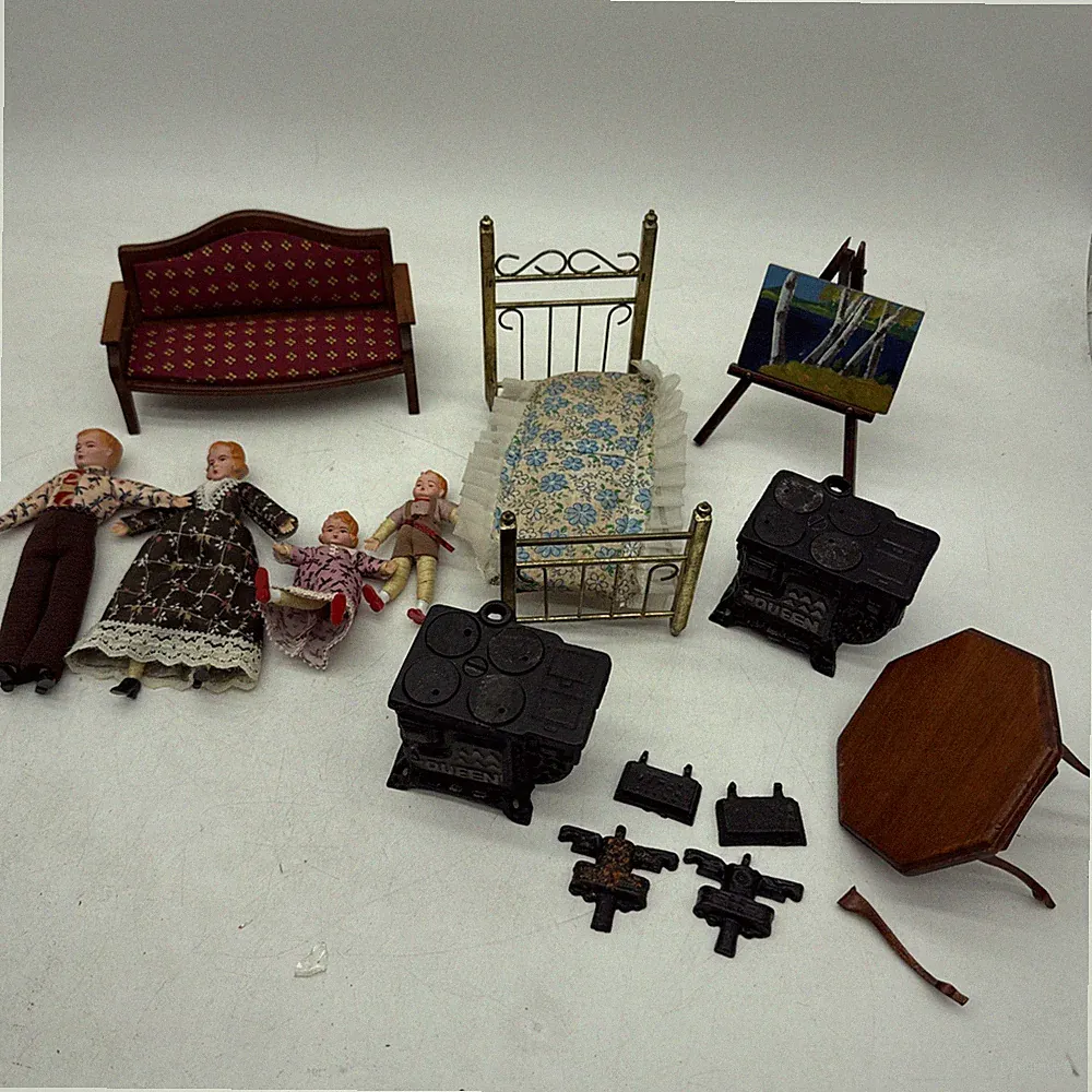Miniature Dollhouse Shackman Wood Sofa Bed Cast Iron Stove Table Couch VTG 1970s