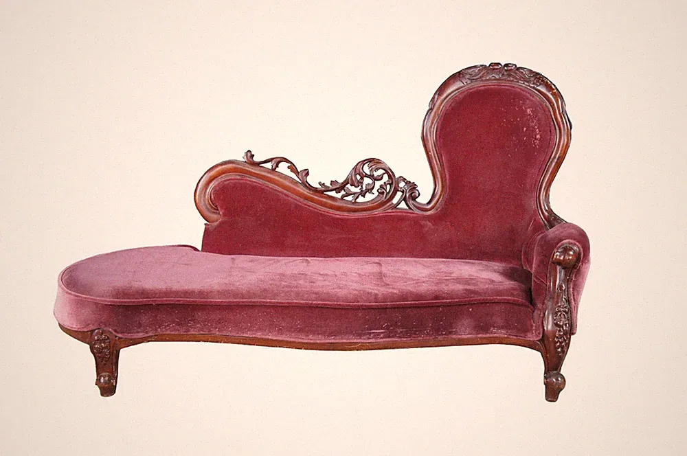 Miniature Victorian Revival Red Velvet & Carved Mahogany Chaise Lounge Dog Bed