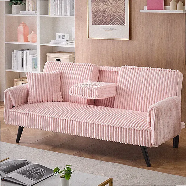 Minimalist Classic Corduroy Futon Sofa Bed Pink Velvet Tufted Cup Holders
