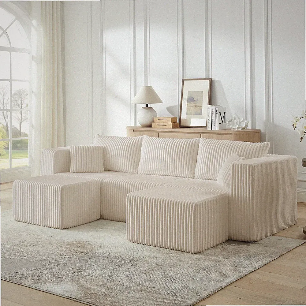 Minimalist Modular Sectional Sofa, Beige Corduroy, No Assembly, Free Ship