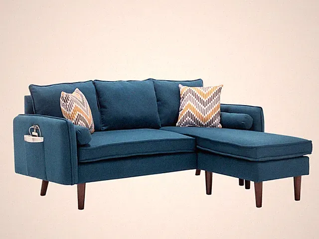 Mirella 70"W Blue Sectional Sofa Chaise with USB Charger & Pillows