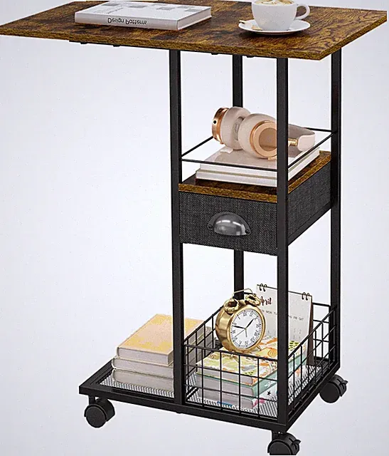 Mobile C-Shaped Side Table with Wheels & Drawer for Bed or Sofa, Large Top