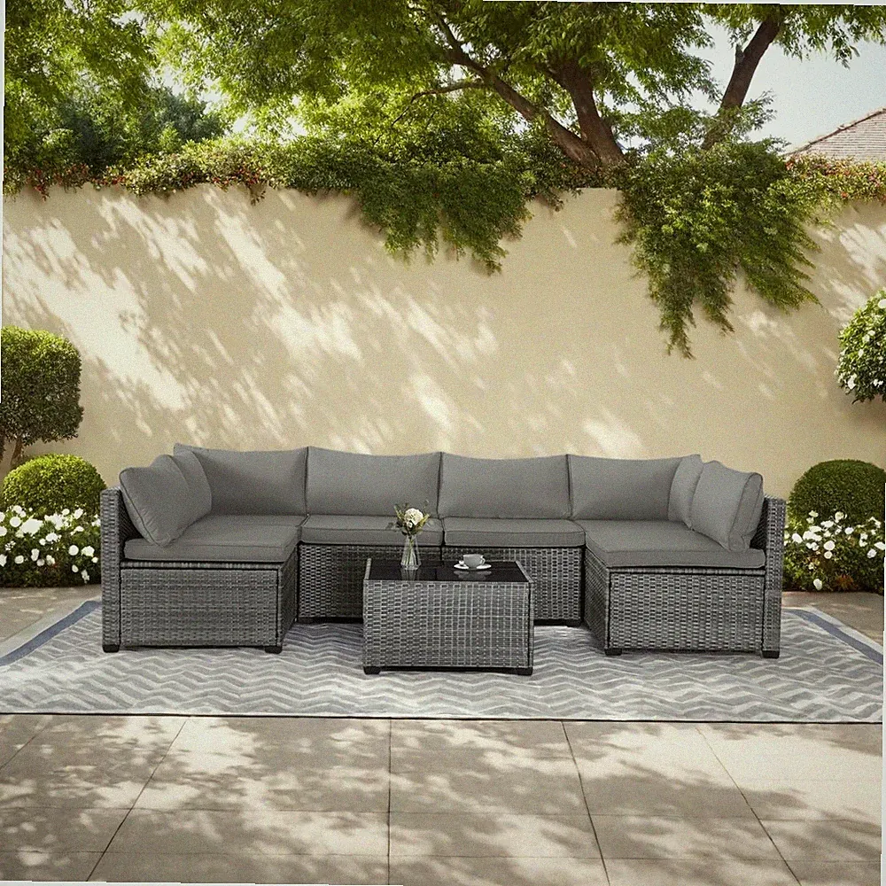 MOCHITO 7-Piece Outdoor Rattan Sectional Sofa Patio Furniture Set Gray Cushion