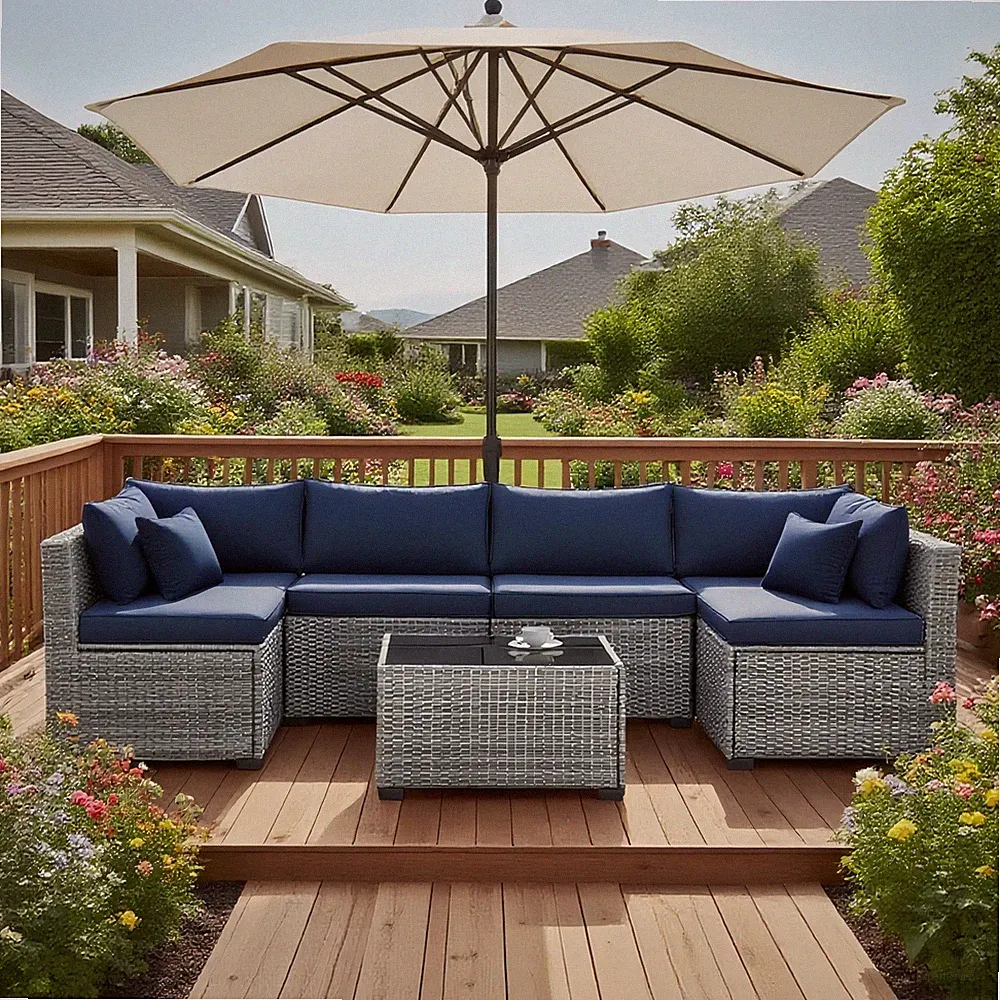 MOCHITO 7-Piece Outdoor Rattan Sectional Sofa Patio Furniture Set Navy Blue