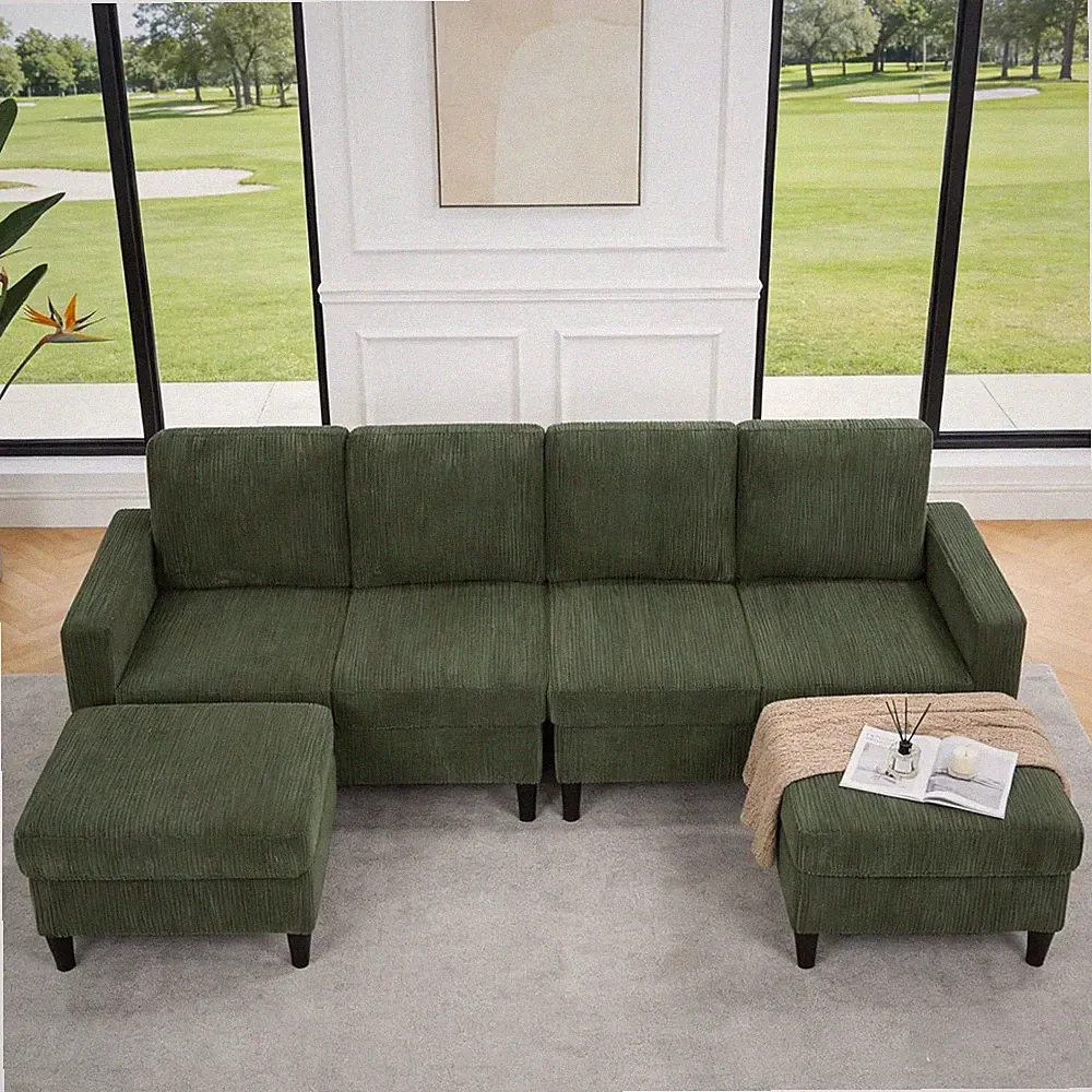 Modern 101" U-Shape Convertible Sectional Sofa with 2 Ottomans, Dark Green