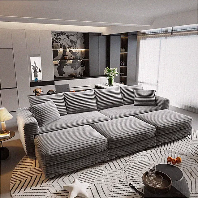 Modern 102.4" Convertible Sofa Set with Pillows & Ottomans - Grey