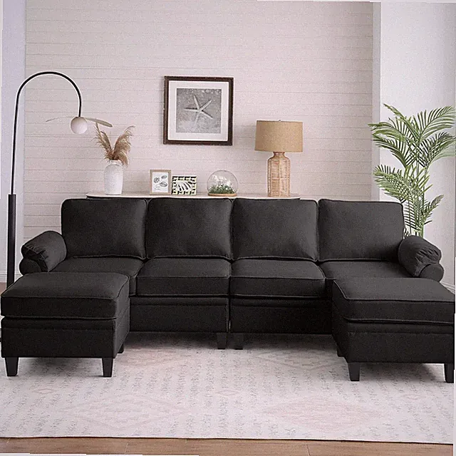 Modern 102" Chenille U-Shaped Sectional Sofa with Storage & Ottoman, Black