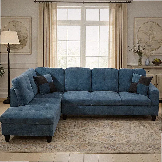 Modern 103.5" L-Shaped Dark Blue Sectional Sofa with Chaise & Accent Pillows