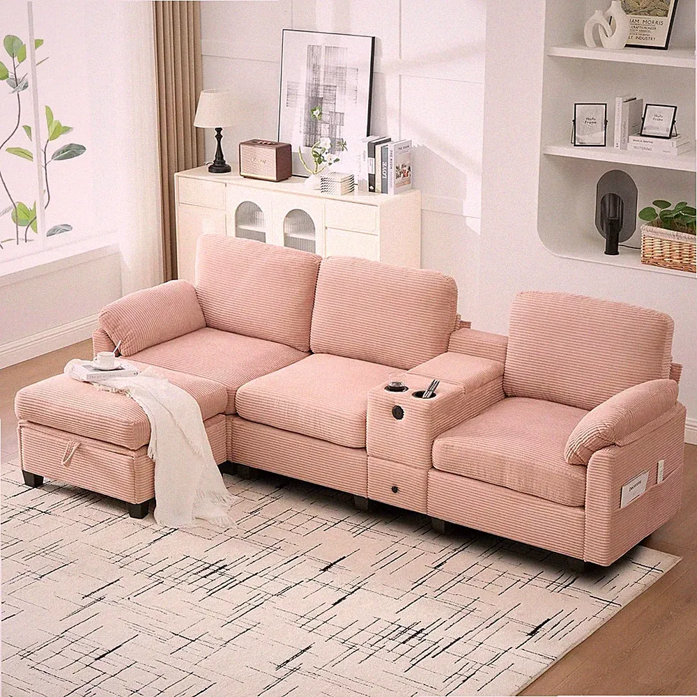 Modern 105" L Shaped Sectional Couch with Central Console USB Port & Cup Holder