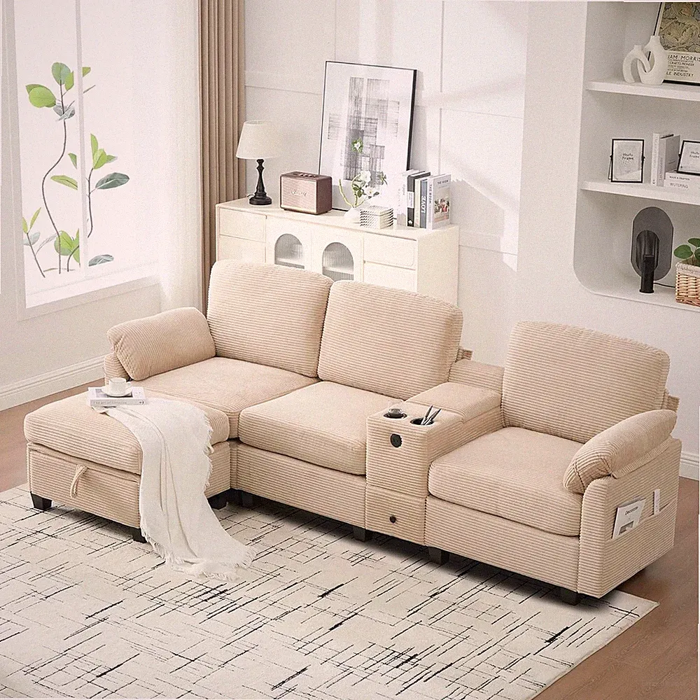 Modern 105" L Shaped Sectional Couch with Central Console USB Port & Cup Holder