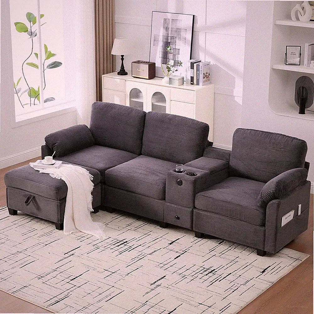 Modern 105" L Shaped Sectional Couch with Central Console USB Port & Cup Holder