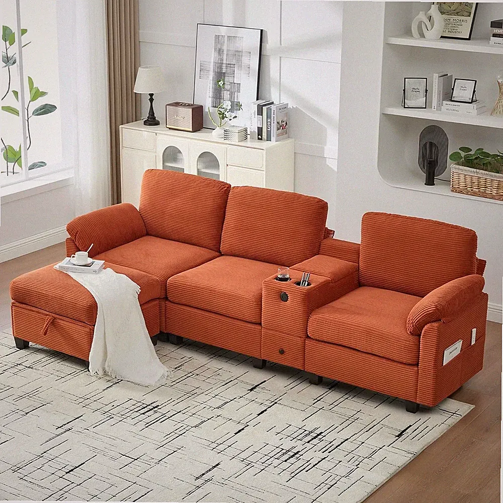 Modern 105" L Shaped Sectional Couch with Central Console USB Port & Cup Holder