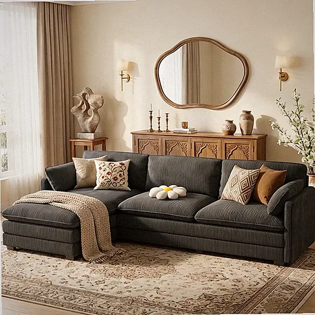 Modern 110" Cloud Sectional Sofa with L-Shape Chaise in Gray Corduroy