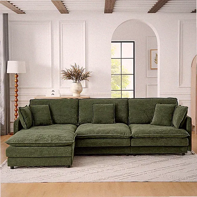 Modern 110" L-Shaped Modular Sofa with Ottoman, 4-Seater, Green Upholstery