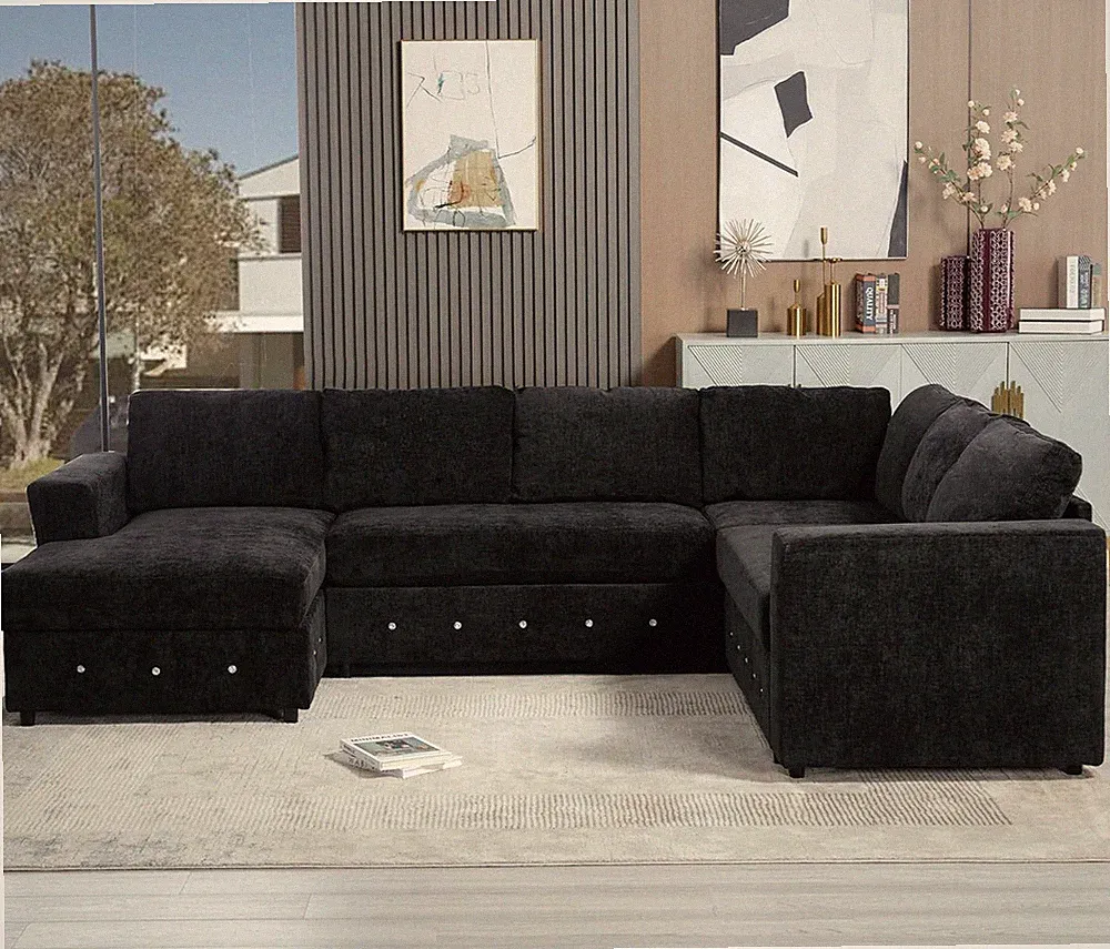 Modern 111" U-Shaped Chenille Sectional Sofa with Storage Chaise, Black