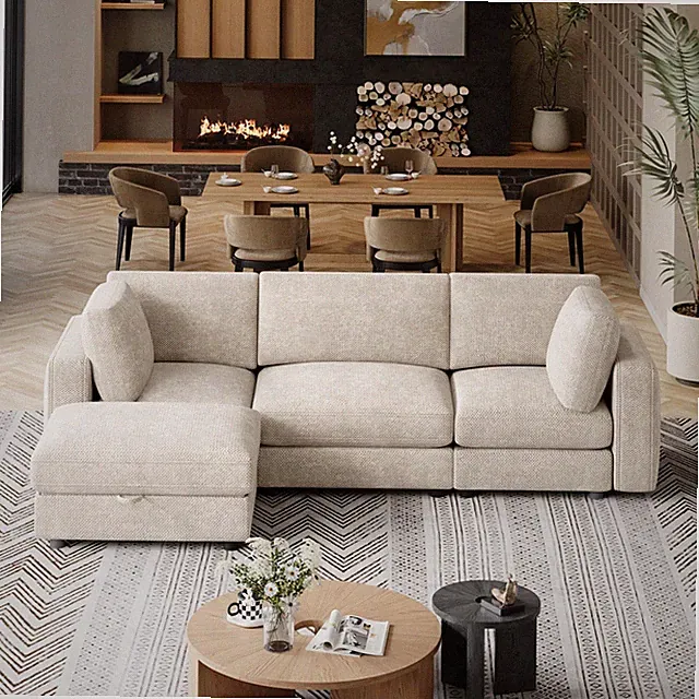 Modern 114" Sectional Sofa w/ Storage Ottoman Removable Covers L-Shaped Couch