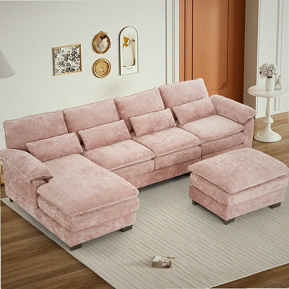 Modern 114" U Shaped Sectional Cloud Sofa Couch with Ottoman &4 Pillows 4 Seater