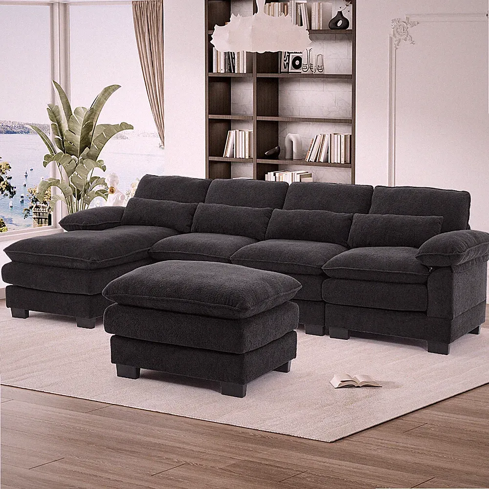 Modern 114" U Shaped Sectional Cloud Sofa Couch with Ottoman &4 Pillows 4 Seater