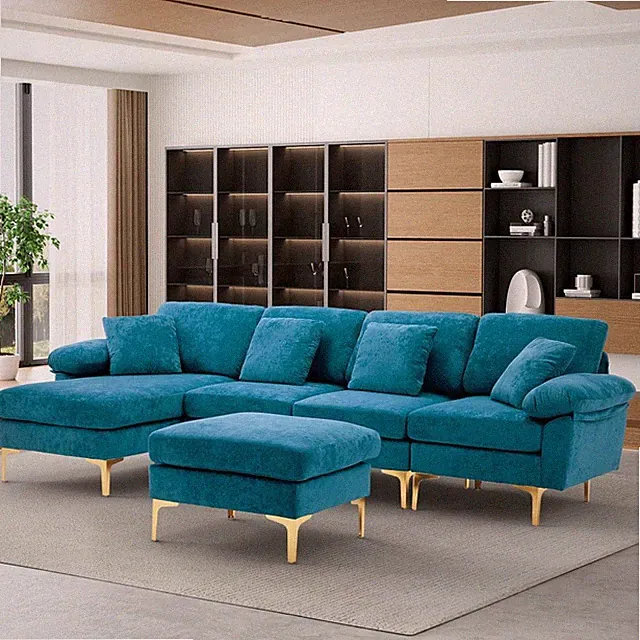 Modern 114" Velvet Sectional Sofa L Shaped Couch Ottoman Gold Legs Living Room