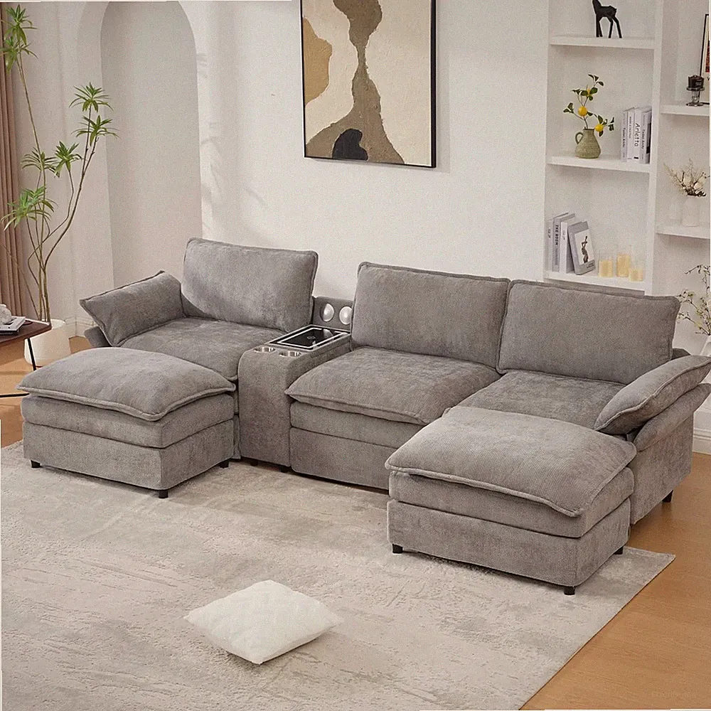 Modern 124" U-Shaped Sectional Sofa with Storage, Cup Holders & Footstools