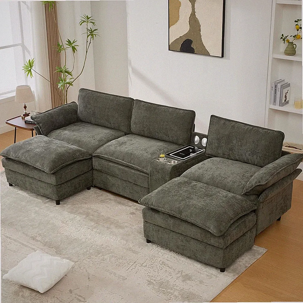 Modern 124" U Shaped Sectional Sofa with Storage & Cup Holders, Green