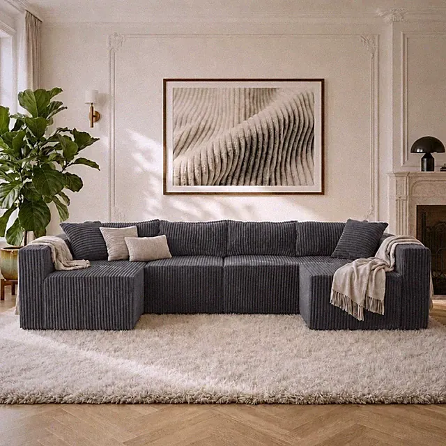 Modern 128" U-Shaped Boneless Couch with Double Chaise - Dark Grey