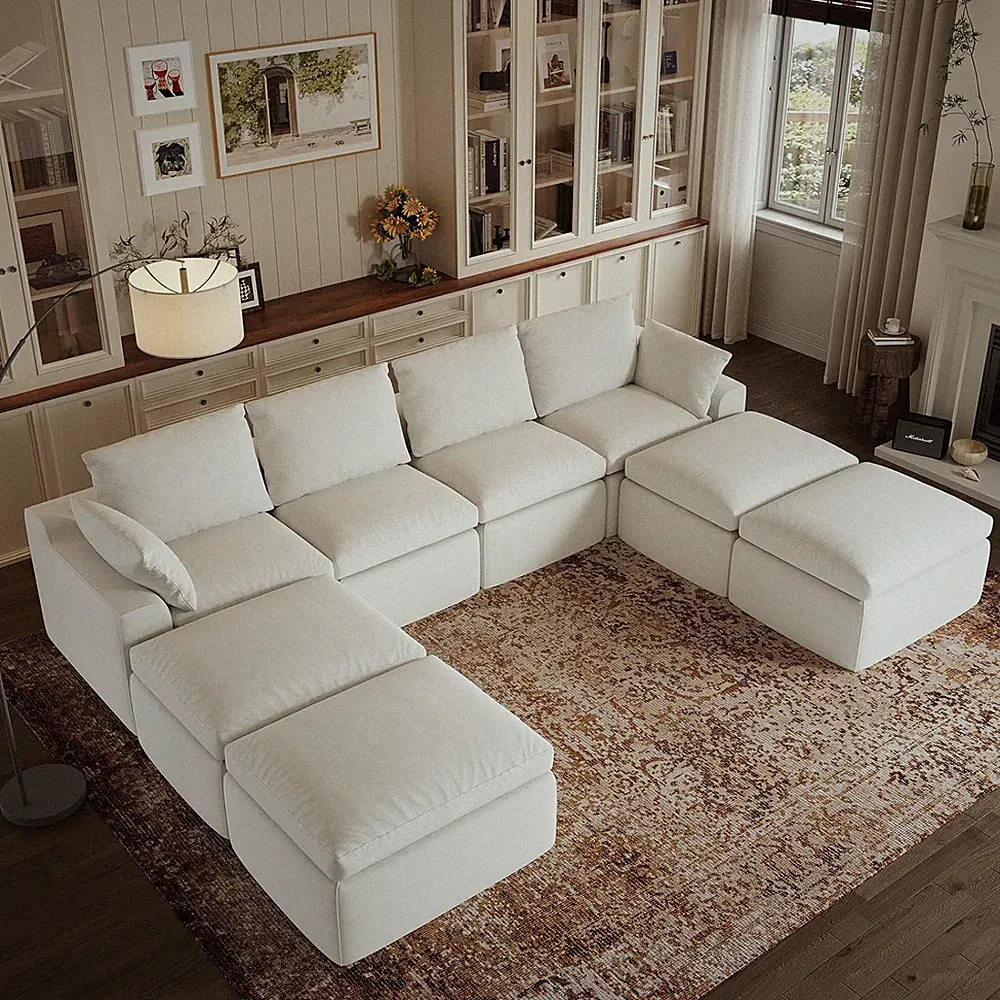 Modern 133.8" Modular Cloud Couch with Ottoman, Chenille Fabric, White