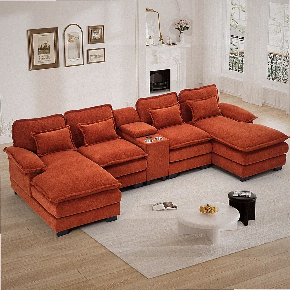 Modern 133" U Shaped Sectional Sofa Couch with Double Chaise Lounge & USB Port