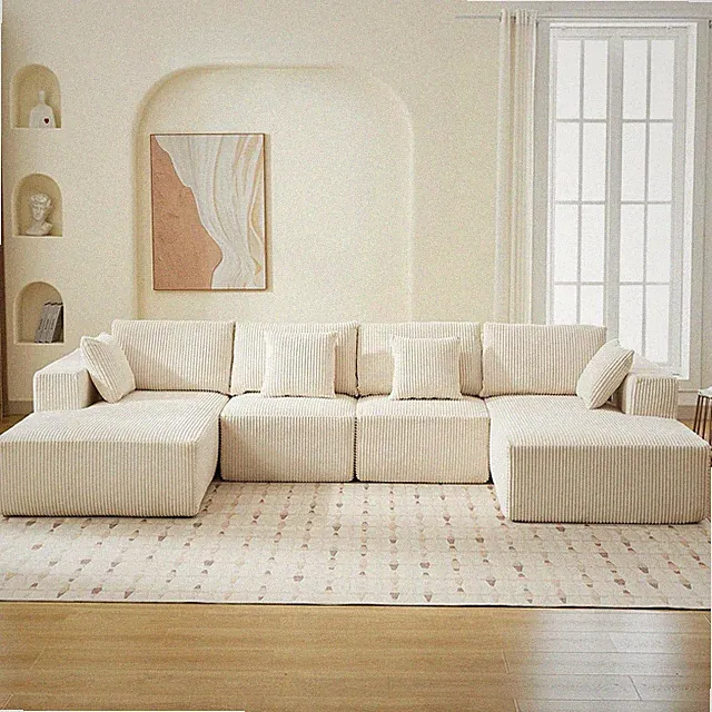 Modern 137" U-Shaped Cloud Couch Sectional with Pillows - Beige Corduroy